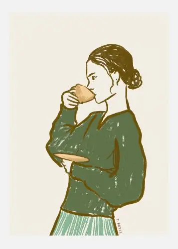 Woman Drinking Tea In Green Tablou Pe Pânză (30x40 cm) Vezi acum