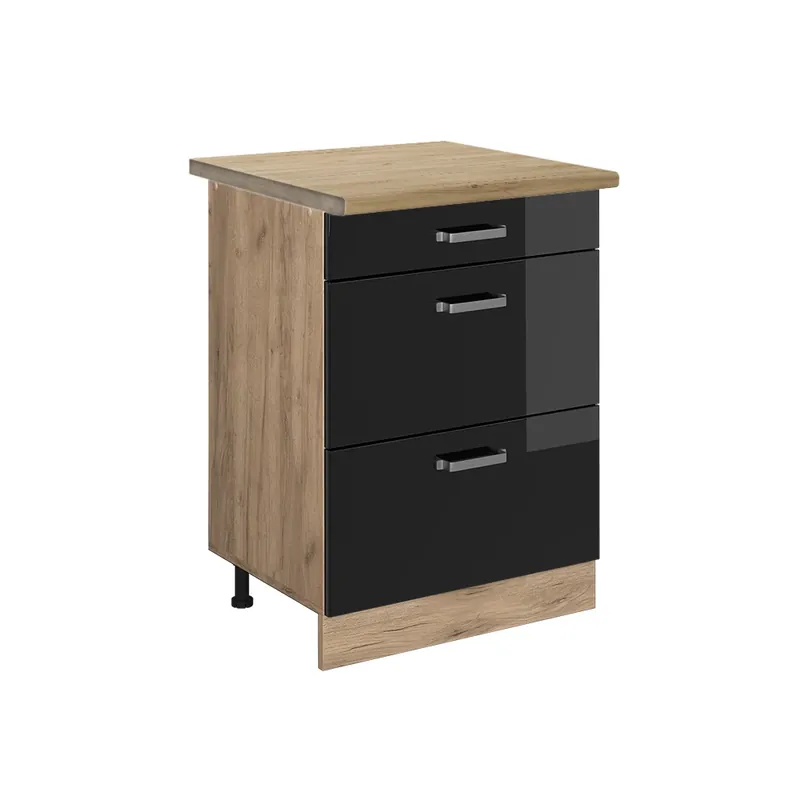 Dulap de bază de bucătărie R-Line Negru lucios ridicat 60 cm cu sertare, stejar AP Vicco Expediere rapidă