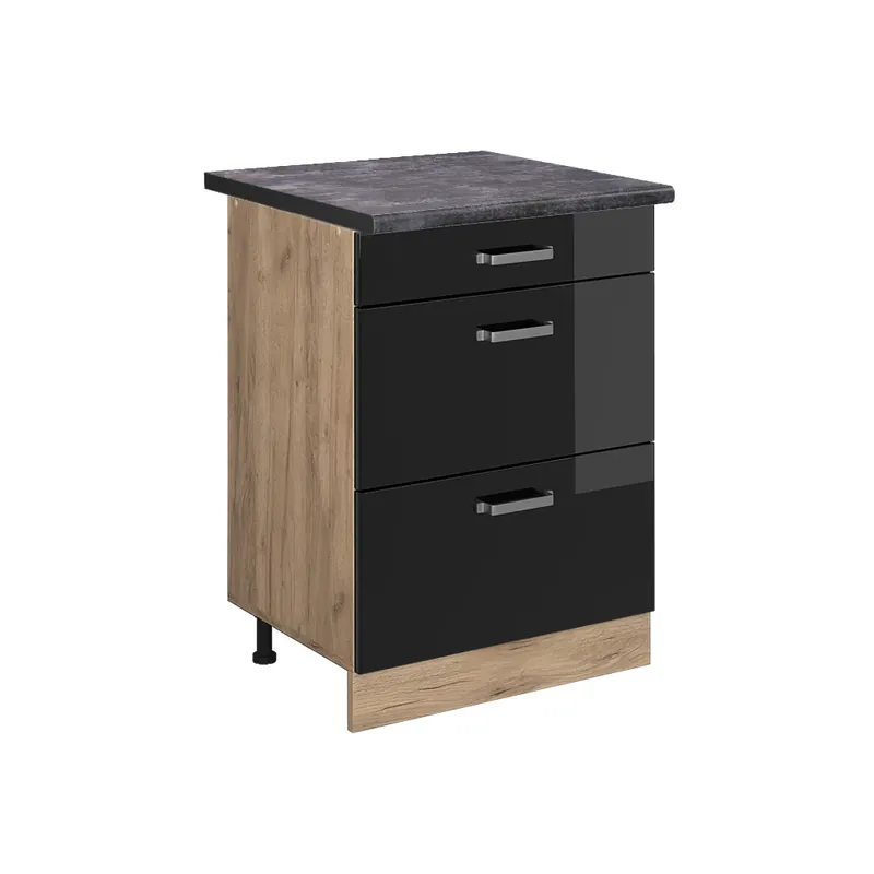 Noutate Dulap de bază de bucătărie R-Line Negru lucios ridicat 60 cm cu sertare, AP antracit Vicco