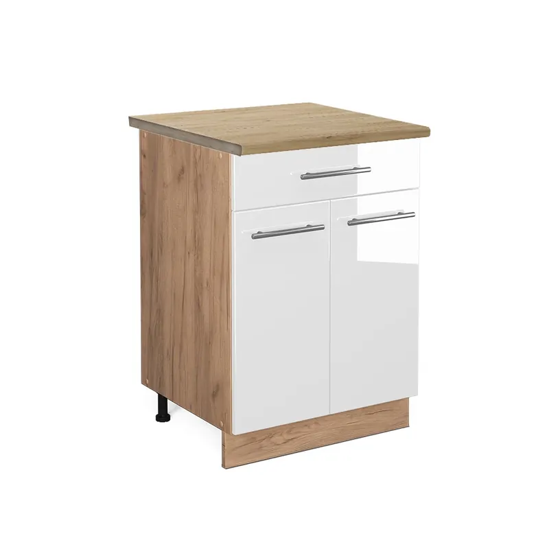 Bestseller Dulap de bază de bucătărie Fame-Line Alb lucios ridicat 60 cm cu sertar, stejar AP Vicco