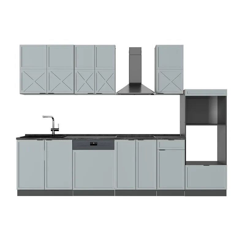 Super ofertă Kitchenette Fame-Line Albastru-gri deschis/antracit 300 cm cu dulap înalt, AP antracit Vicco