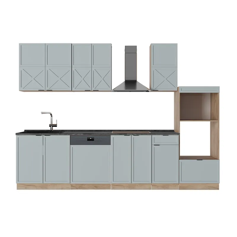 Ultima șansă Kitchenette Fame-Line Albastru-gri deschis/Stejar Goldkraft 300 cm cu dulap înalt, AP antracit Vicco