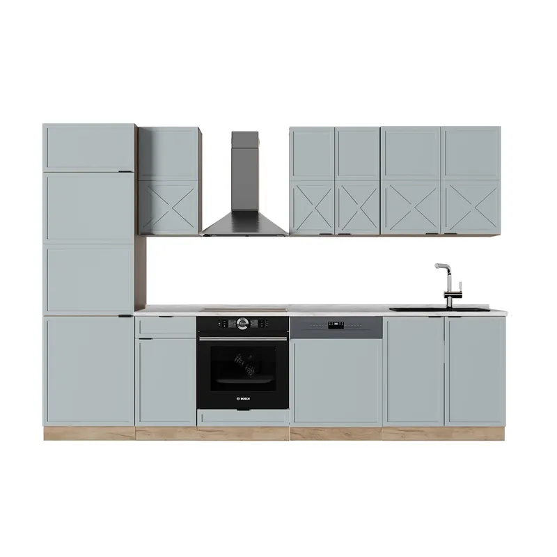 Ultima șansă Kitchenette Fame-Line Albastru-gri deschis/Stejar Goldkraft 300 cm , AP Marmură Vicco