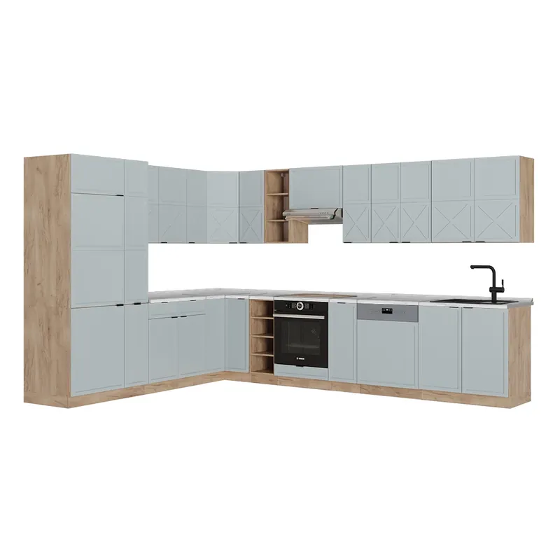 Bucătărie de colț Fame-Line Albastru-gri deschis/Stejar Goldkraft 347 x 60 cm , AP Marmură Vicco Discount
