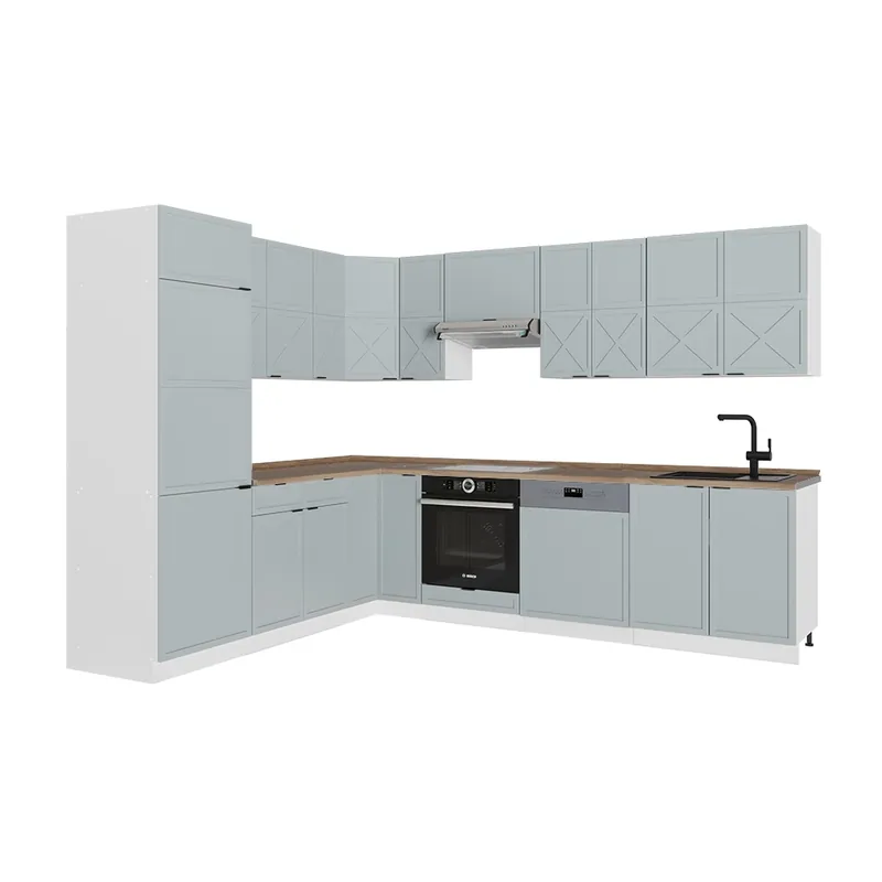 Bucătărie de colț Fame-Line Albastru deschis-gri/alb 287 x 60 cm , AP Stejar Vicco Disponibil imediat