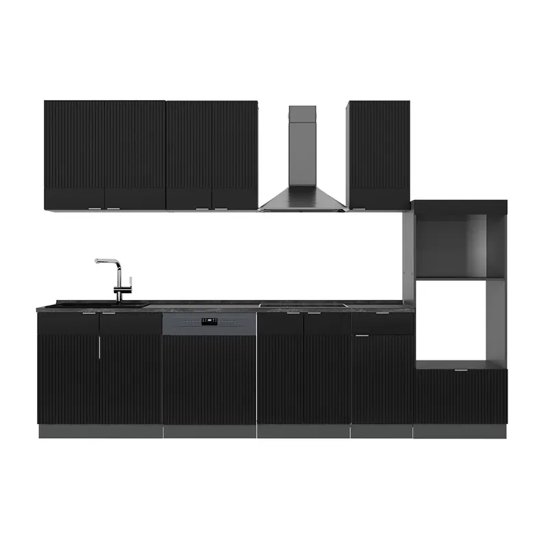 Reducere extra Kitchenette Fame-Line Dungi negre/antracit 300 cm cu dulap înalt, fără blat Vicco