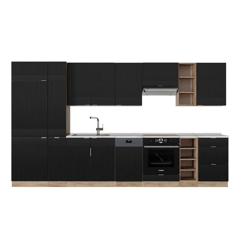 Super ofertă Kitchenette Fame-Line Dungi negre/Stejar Goldkraft 355 cm , AP Marmură Vicco