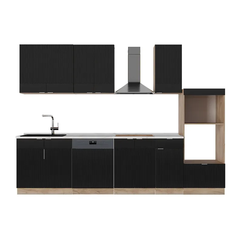 Retur gratuit Kitchenette Fame-Line Dungi negre/Stejar Goldkraft 300 cm cu dulap înalt, marmură AP Vicco