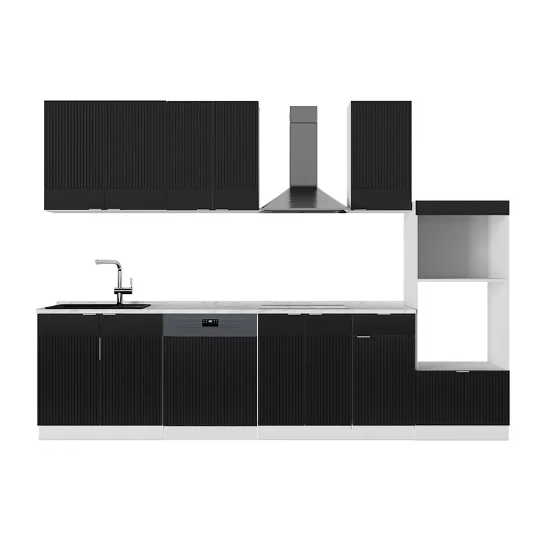 Retur gratuit Kitchenette Fame-Line dungi negre/albe 300 cm cu dulap înalt, marmură AP Vicco