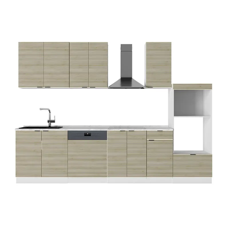 Cel mai bun preț Kitchenette Fame-Line Panou stejar/alb 300 cm cu dulap înalt, marmură AP Vicco