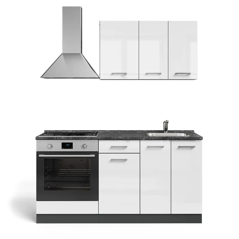 Bucătărie simplă R-Line Alb lucios/antracit 160 cm cu dulap de aragaz încorporat cu blat de lucru Vicco Preț promoțional