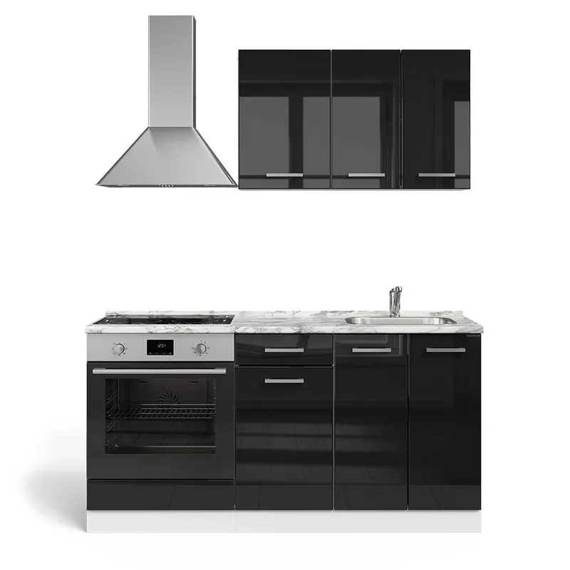 Bucătărie simplă R-Line Negru lucios/alb 160 cm cu dulap pentru cuptor cu blat de lucru Vicco Livrare expres