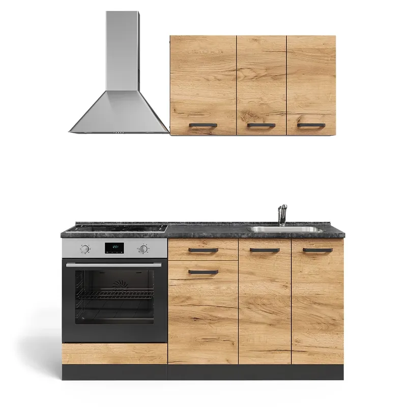 Bucătărie simplă R-Line Stejar Goldkraft/antracit 160 cm cu dulap pentru cuptor cu blat de lucru Vicco Promoție