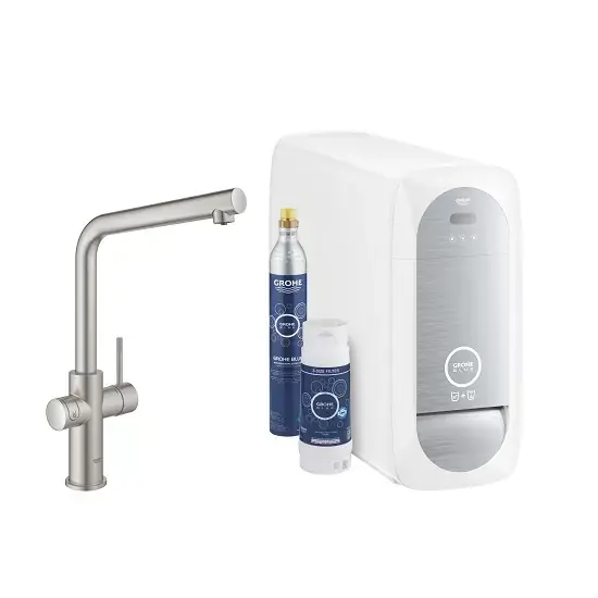 Lichidare de stoc Baterie de bucatarie cu sistem de filtrare, racire si acidulare apa, cu pipa L, crom mat (supersteel), Grohe Blue Home New 31454DC1