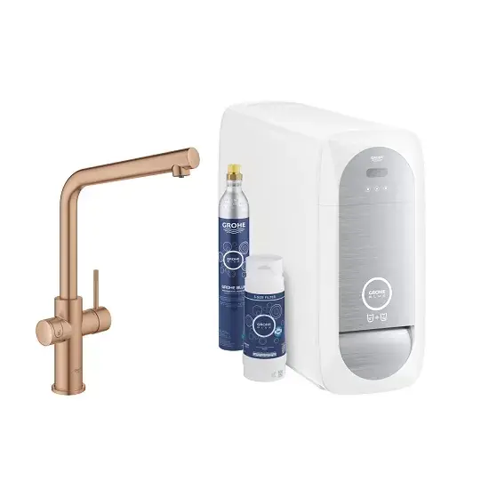 Reduceri Baterie de bucatarie cu sistem de filtrare, racire si acidulare apa, cu pipa L, cupru mat (brushed warm sunset), Grohe Blue Home New 31454DL1