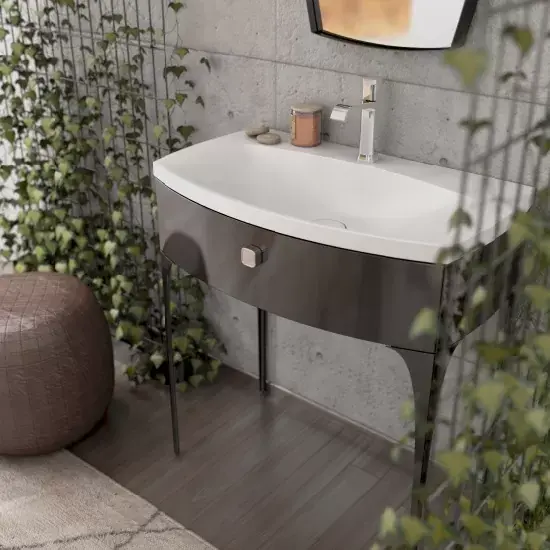 Noutate Set mobilier de baie 82, cu un sertar si lavoar marmura compozit alb lucios, Oristo Louis