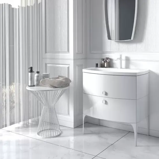 Ofertă Set mobilier de baie suspendat cu lavoar marmura compozit alb lucios si oglinda, Oristo Louis