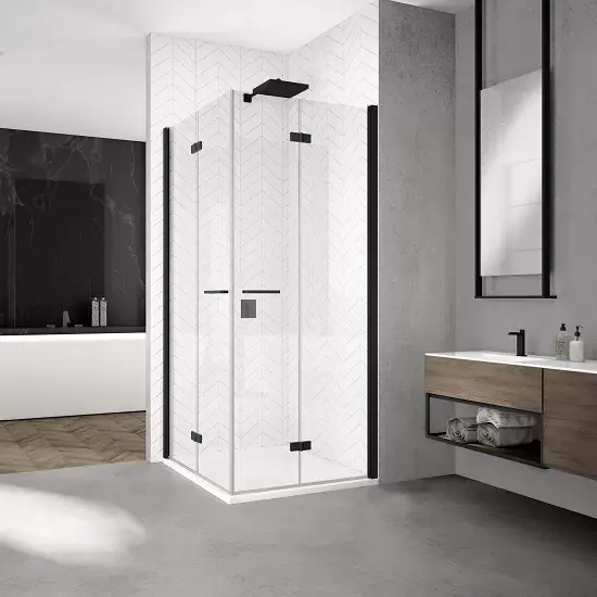 Cabina de dus rectangulara, cu acces pe colt, cu usi pliabile, negru mat, Ronal Solino SOLF1G + SOLF1D Black Line Ofertă limitată
