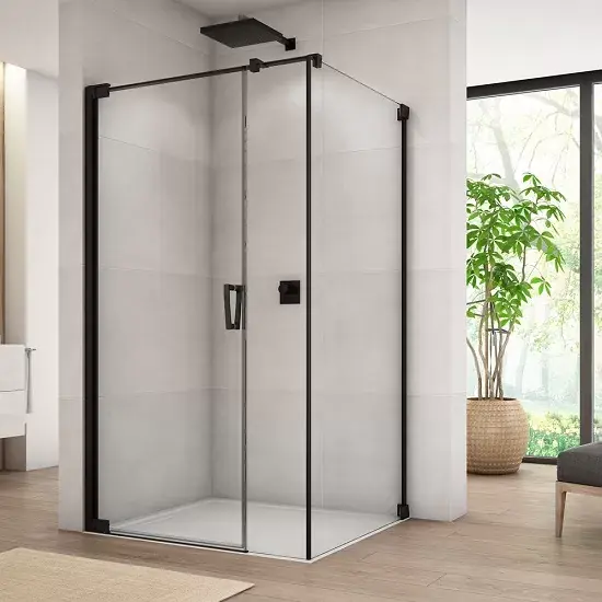 Cabina de dus rectangulara, cu usa batanta dintr-o bucata cu parte fixa, negru mat, Ronal Cadura CA31C + CAT5 Black Line Plată sigură