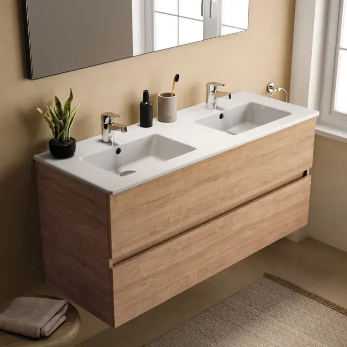 Cumpărături sigure Mobilier de baie suspendat 120 cm, cu lavoar ceramic, 2 cuve, stejar natural, Ideal Standard Eurovit Plus R0576TI
