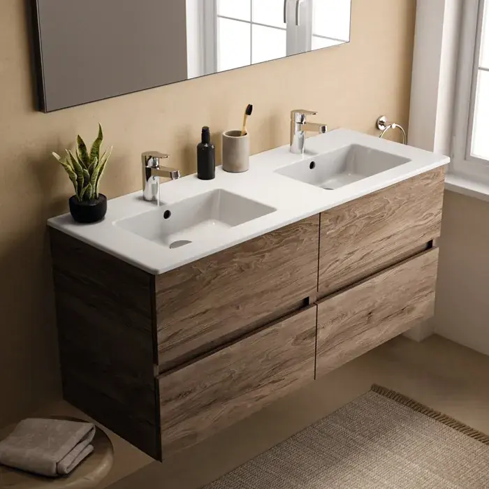 Chilipir Mobilier de baie suspendat 120 cm, cu lavoar ceramic, 2 cuve, nuc mat, Ideal Standard Eurovit Plus R0577Y9