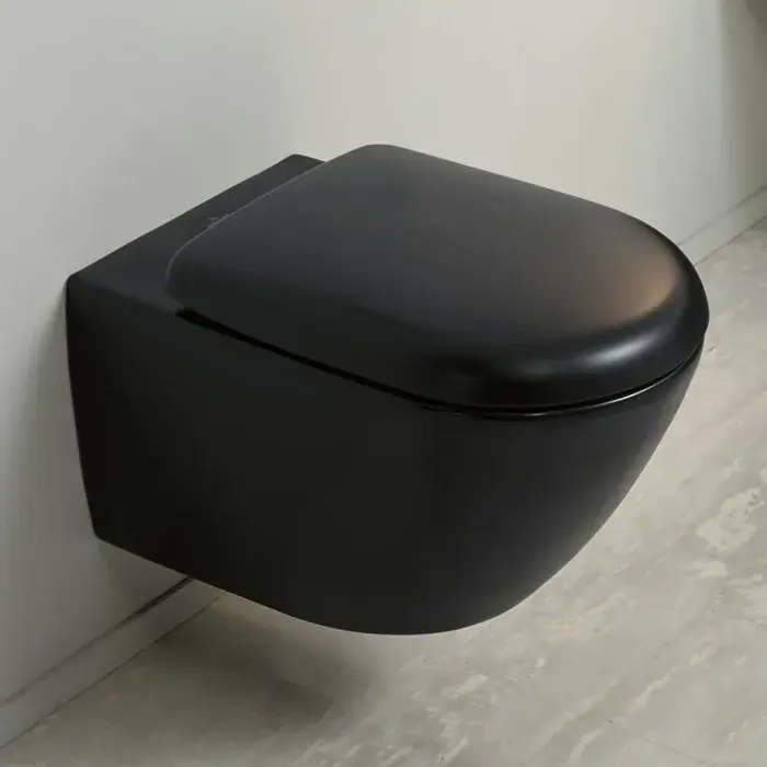 Ofertă Set Vas wc suspendat Rimless, cu Twist Flush, CeramicPlus, cu capac soft close, negru mat, Villeroy & Boch Antao 4674T0R7+8M67S1R7