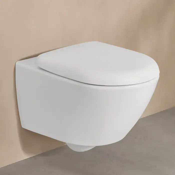 Comandă acum Set Vas wc suspendat Rimless, cu Twist Flush, CeramicPlus, cu capac soft close, alb mat (Stone White), Villeroy & Boch Antao 4674T0RW+8M67S1RW