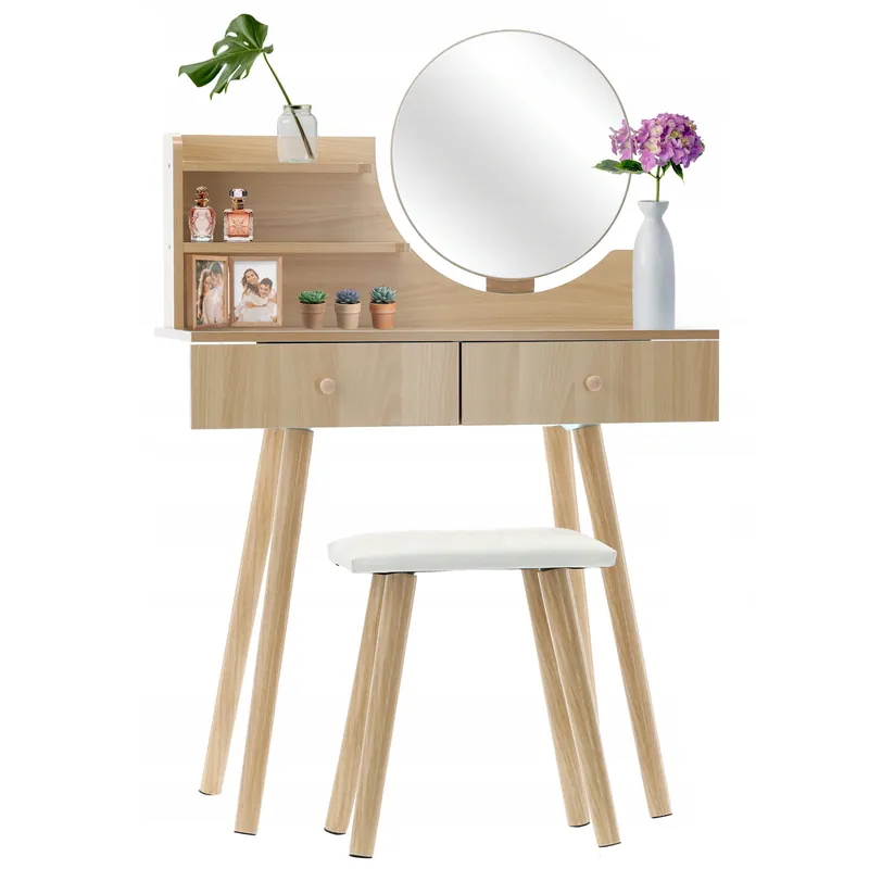 Ofertă limitată Set Masa de toaleta si machiaj cu taburet Venetia, maro, cu 2 sertare si oglinda, 80x40x120cm
