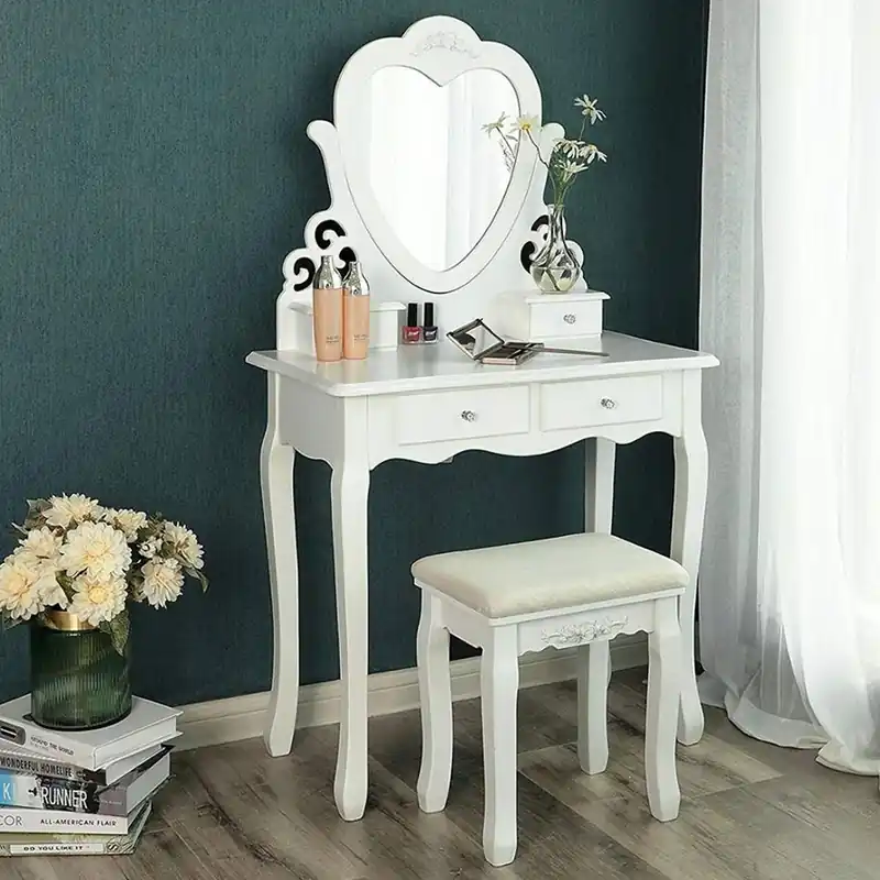 Set Masa de toaleta si machiaj cu taburet Amore, alba, cu 4 sertare si oglinda, 75x40x138 cm Noutate