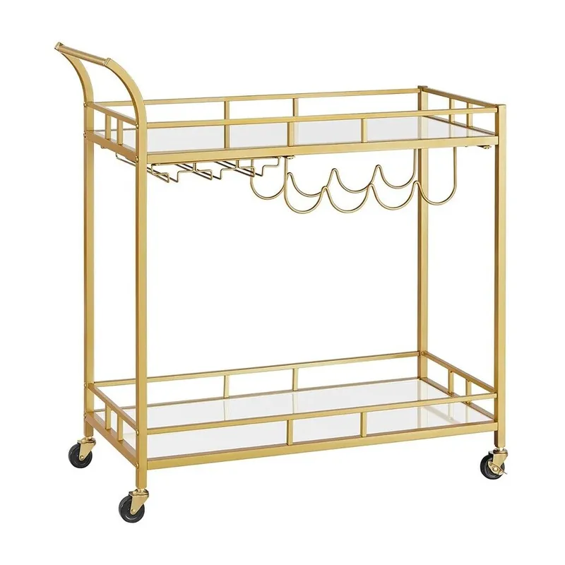Mai ieftin VASAGLE Carucior de servire pentru vin, suport sticle si pahare, cu 2 rafturi din sticla, 38x86x90cm, auriu