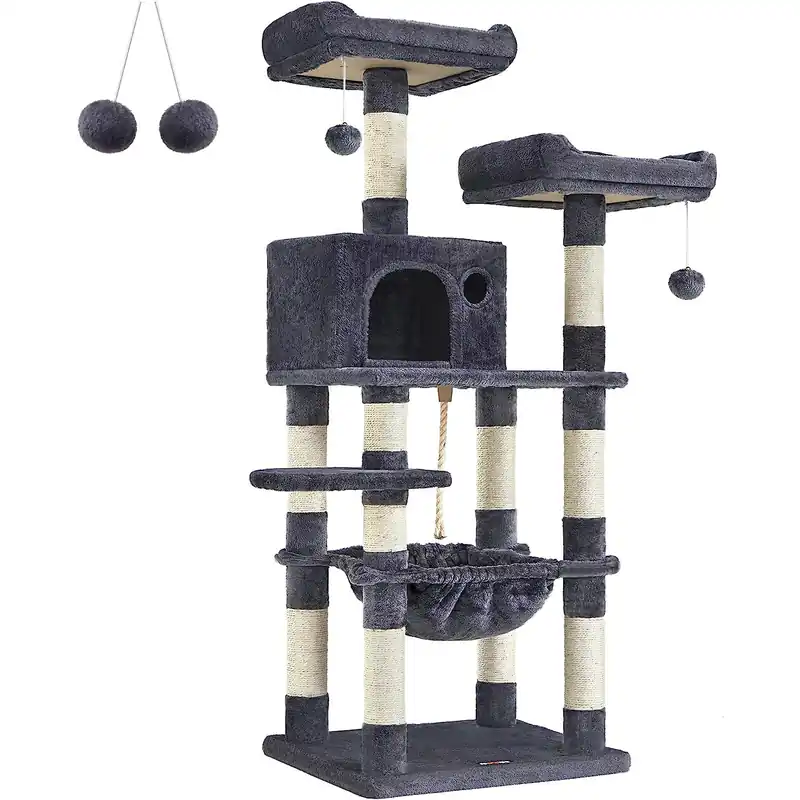 Chilipir FEANDREA Ansamblu de joaca pentru pisici, tip copac, cu 3 culcusuri si ascunzatoare, 55x45x143cm, gri inchis