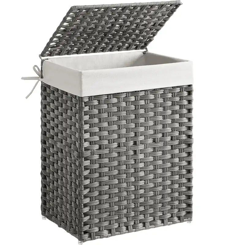 Ofertă exclusivă SONGMICS Cos de rufe din ratan sintetic cu capac, sac detasabil, volum 90L, 46x33x60cm, gri