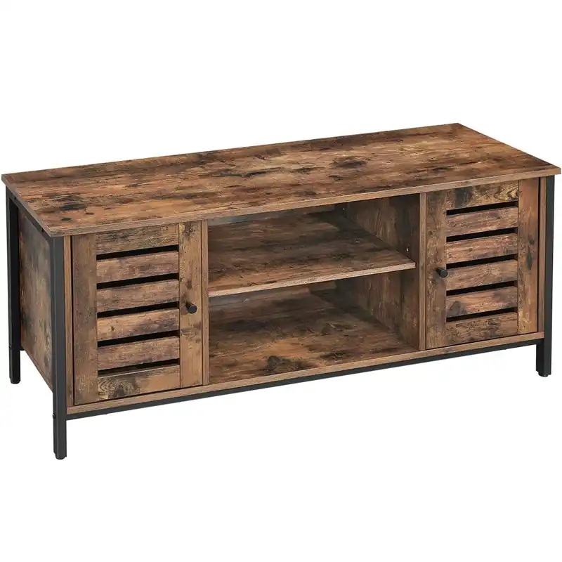 VASAGLE Comoda joasa pentru suport TV, cu rafturi si 2 spatii de depozitare cu usa, stil industrial, 110x40x50cm, maro rustic si negru Calitate înaltă