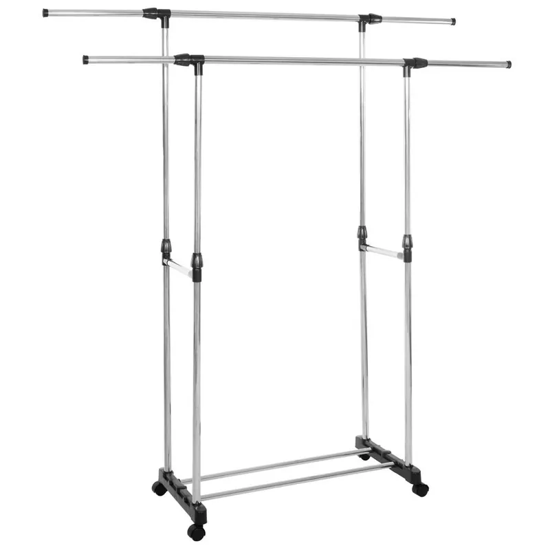 Suport pentru haine pe roti, sina dubla, reglabil pe inaltime si latime, din aluminiu cromat, 155x45x150cm, argintiu Expediere rapidă