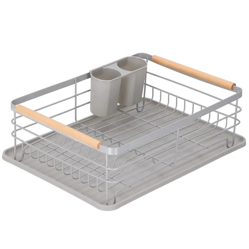 Plată securizată Uscator de vase cu suport tacamuri, din otel, cu tava de scurgere, manere lemn, 42x32x15cm, gri