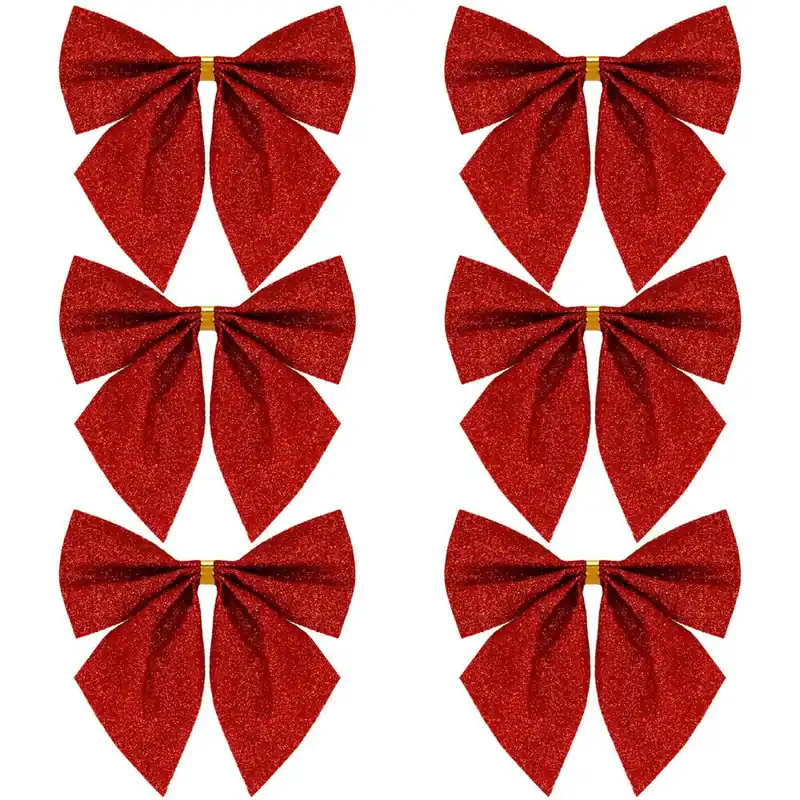 Set 6 ornamente pentru bradul de Craciun, fundita, 8cm, rosu cu sclipici Preț redus