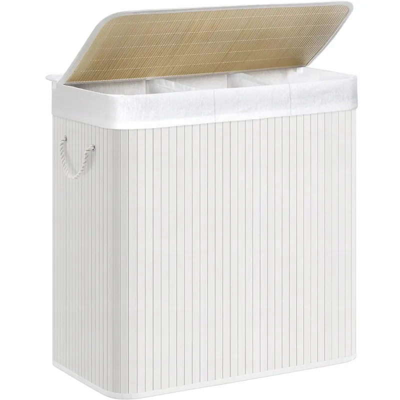 Lichidare de stoc SONGMICS Cos de rufe din bambus, pliabil, cu captuseala detasabila lavabila, 3 compartimente, 150L, 60x40x62cm, alb