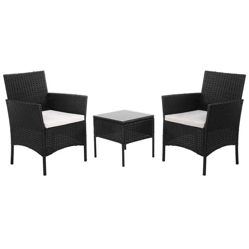 Set mobilier terasa, din tehnorattan, masa cu blat sticla securizata, 2 fotolii cu perne, negru Cumpără online