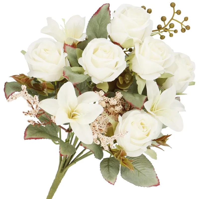 Plată securizată Buchet de flori artificiale din poliester, 9 fire trandafiri si crini, 37cm, alb