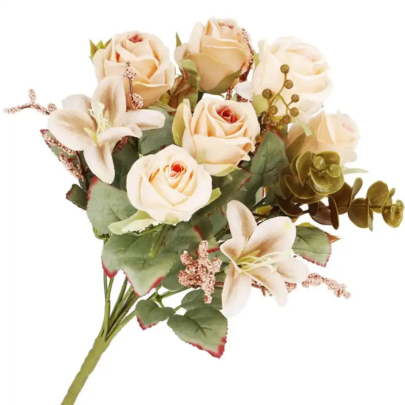 Preț mic Buchet de flori artificiale din poliester, 10 fire trandafiri si crini, 37cm, crem
