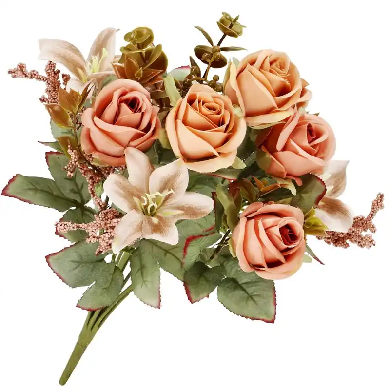 Buchet de flori artificiale din poliester, 9 fire trandafiri si crini, 37cm, roz Reducere extra