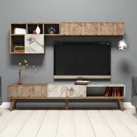 Ansamblu Comoda TV Milan Walnut-Alb Livrare rapidă