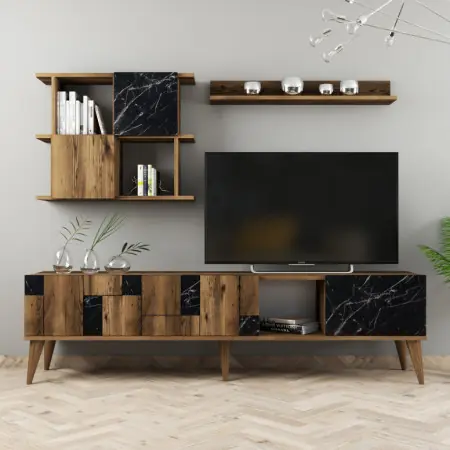 Ansamblu Comoda TV Madrid Walnut-Negru Reducere