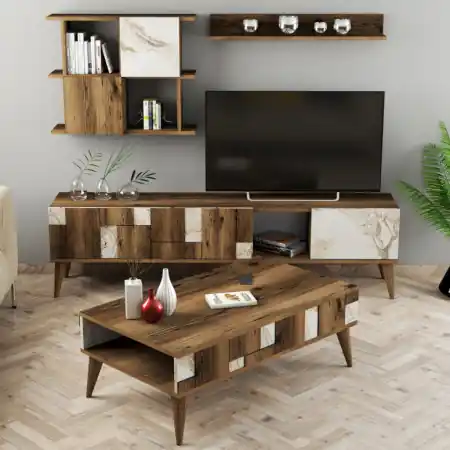 Comandă acum Set Comoda TV si Masuta de Cafea Living Madrid Alb-Walnut