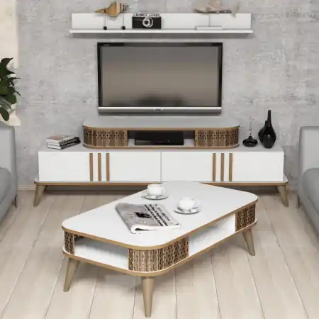 Disponibil imediat Set Comoda TV si Masuta de Cafea Living Eylül Alb