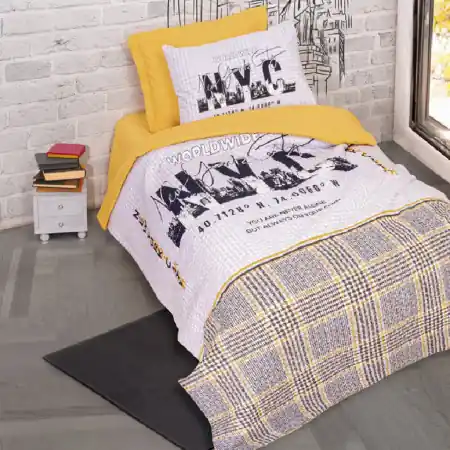 Set lenjerie si cuvertura matlasata Worldwide Mustar elastic 100x200 (Bumbac 100%) Ofertă de sezon