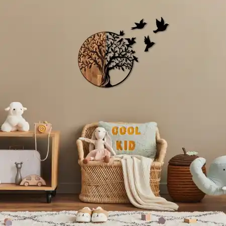 Accesoriu decorativ de perete din lemn si metal Tree And Birds Negru 92x3x71 cm Chilipir