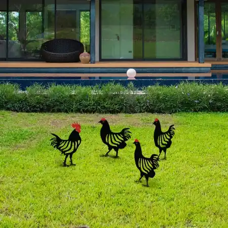 Set de accesorii metalice decorative pentru gradina Chicken Family Negru 23x27 cm Livrare rapidă