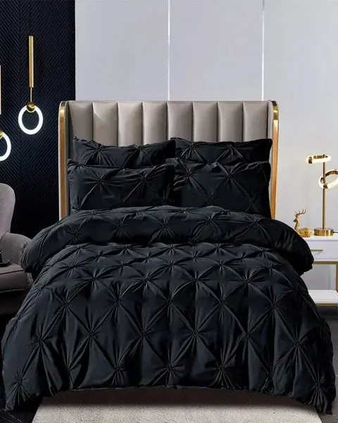 Calitate înaltă Lenjerie de pat cu pliuri, tesatura tip finet, pat 2 persoane, 6 piese, negru, FNJS-33