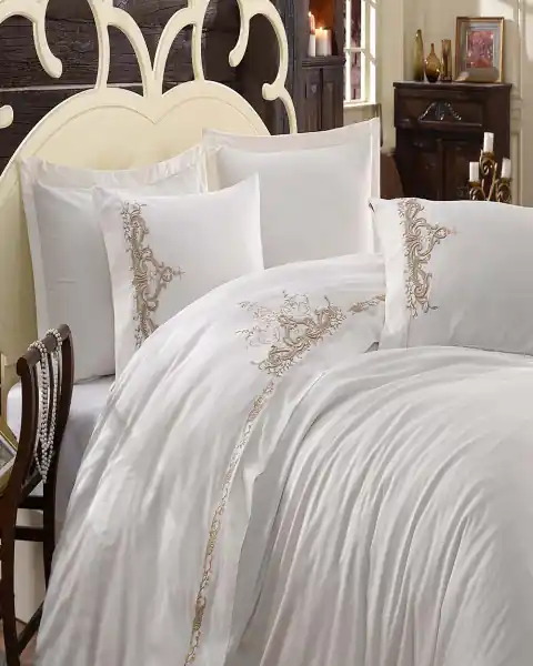 Dantela Vita, Lenjerie de pat 2 persoane, cu broderie, bumbac satinat, 6 piese, alb / bej, Olivia Disponibil imediat